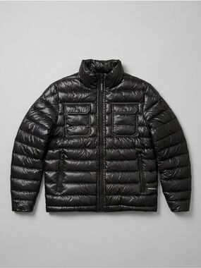 Size Large Men's High Shine Black Genuine Down Filled Puffer Coat Jacket Snover